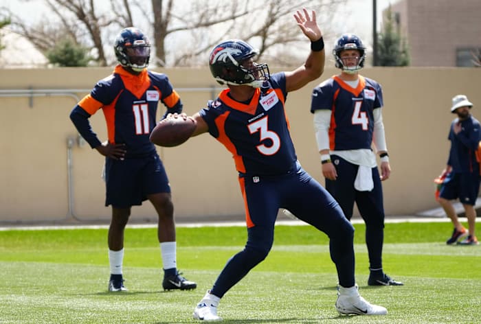 Denver Broncos quarterback Russell Wilson (3) works out during a Denver Broncos mini camp at UCHealth Training Center.